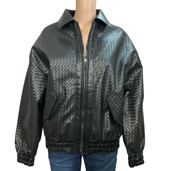 Lioness Kenny Woven Faux Leather Bomber Jacket XXS Black Oversized Grunge Casual - Picture 1 of 11